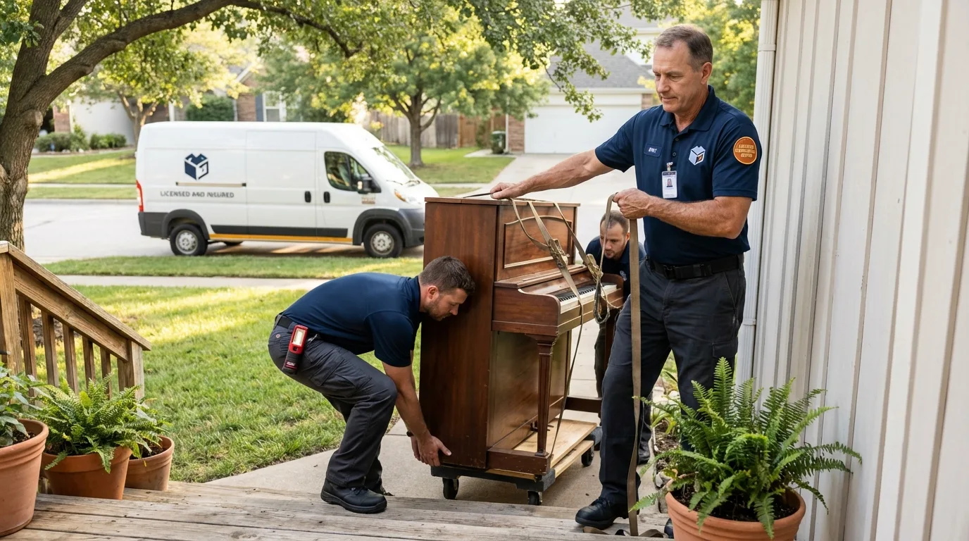 Licensed piano movers securing grand piano in Wakeman, OH