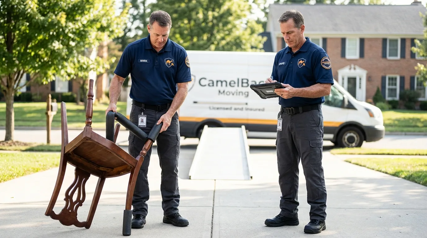 Movers inspecting furniture for damage prevention before loading in Wakeman, OH