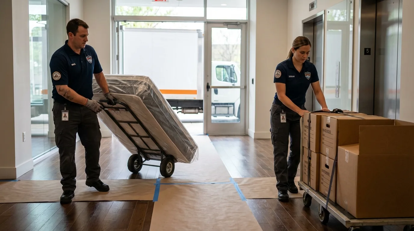 Professional apartment movers loading elevator in Wakeman, OH